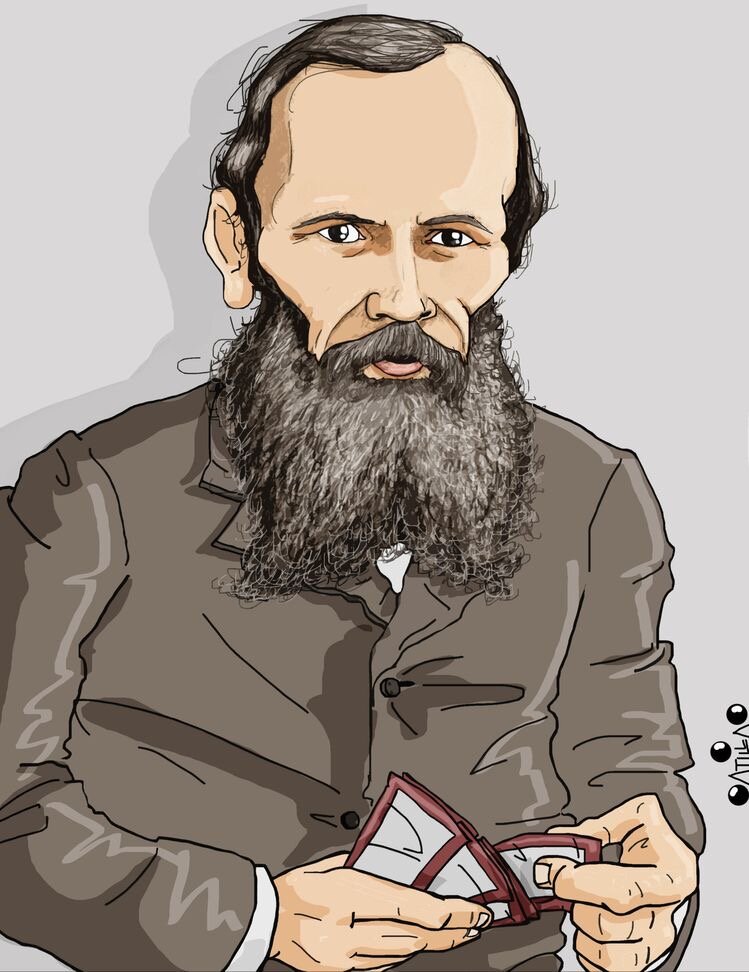 Блестящие азартные глаза Достоевского, ну и что-то в руках