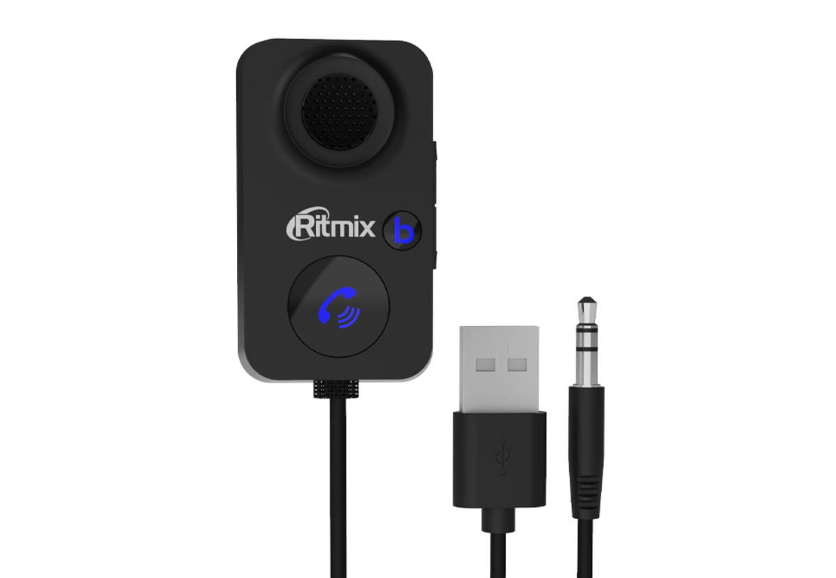 Автомобильный Bluetooth-ресивер Ritmix BTR-100 с функцией Hands free, Bluetooth 5.0, направленным микрофоном с шумоподавлением, вызовом голосового помощника одной кнопкой. Подключение к магнитоле через  3.5 Jack (AUX).