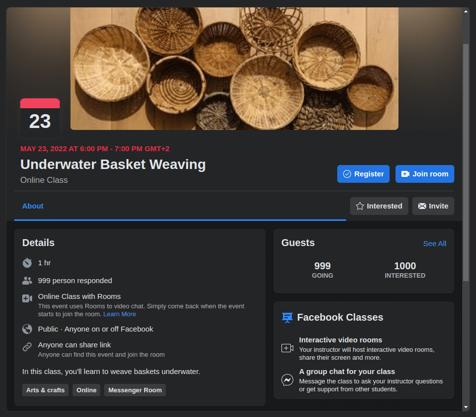 Предварительный просмотр страницы регистрации класса Facebook