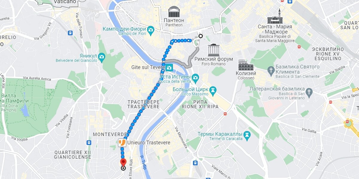 Путь от площади Венеция до отеля в районе Трастевере