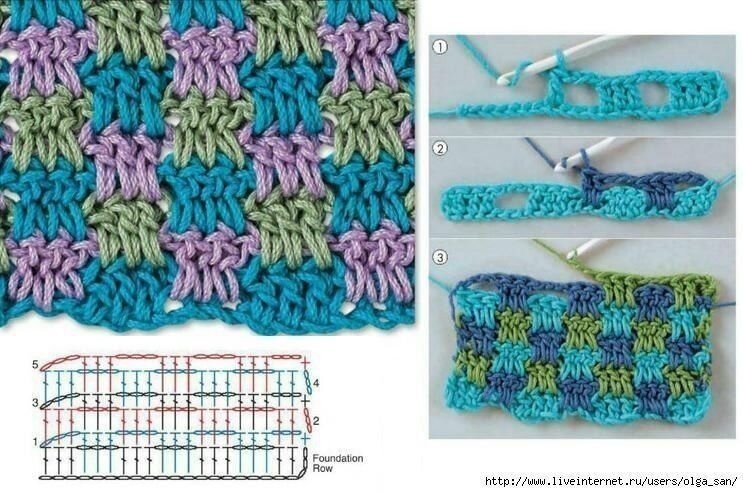 Многоцветные узоры крючком со схемами