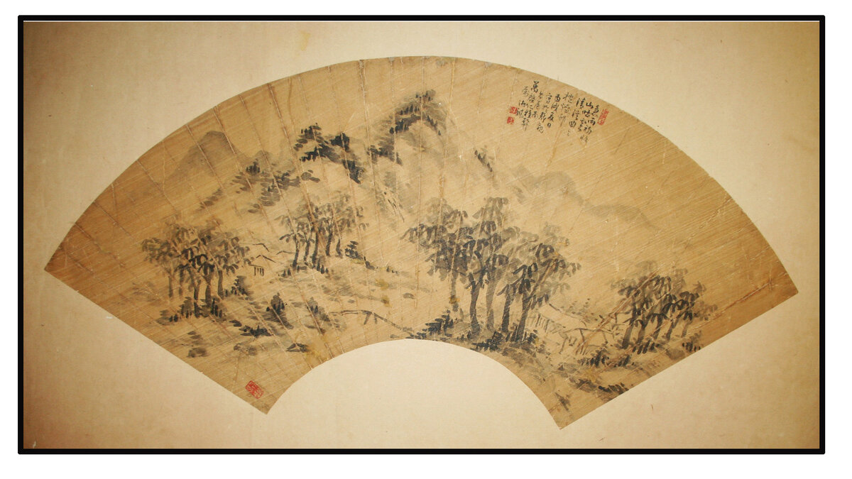 Веер.19 век. После реставрации. Ткань, бумага, тушь