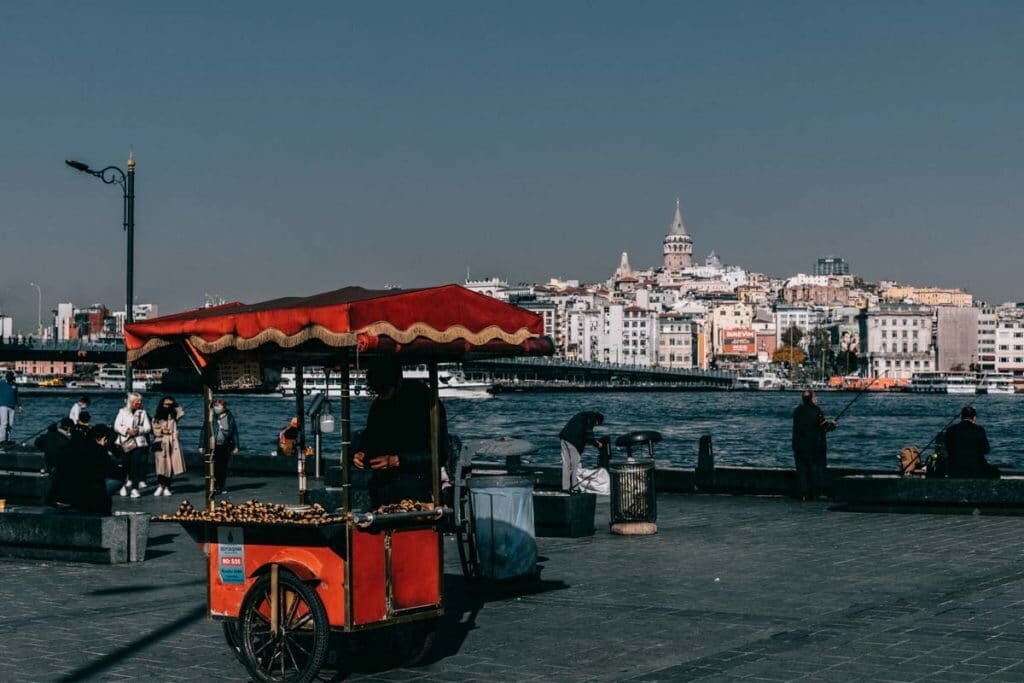 Уличная тележка, в которой продаются жареные каштаны – обратите внимание на синий сертификат на тележке
