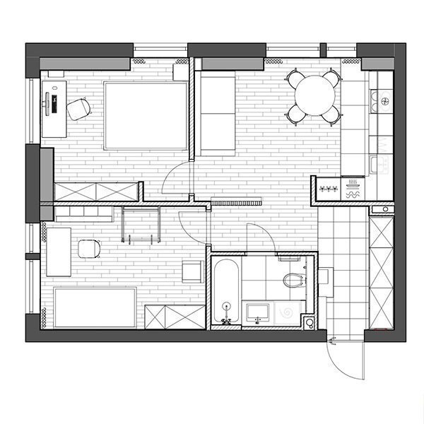 Изначально квартира представляла собой открытое пространство без перегородок. В результате перепланировки сформировали объединённую кухню-гостиную, спальню, детскую, прихожую и санузел. Для отделки пола использовали преимущественно ламинат, а стены оформили краской. Проект дизайн-студии ONE LINE.