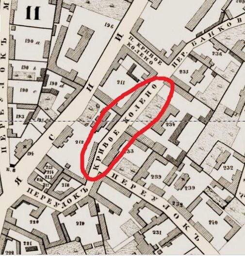 Переулок Кривое колено на Хотевском плане Москвы (1852 год)