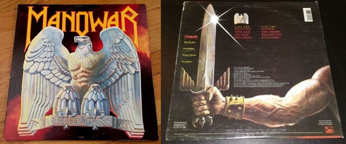 Конверт альбома Manowar «Battle Hymns», 1982 г. - передняя и задняя стороны