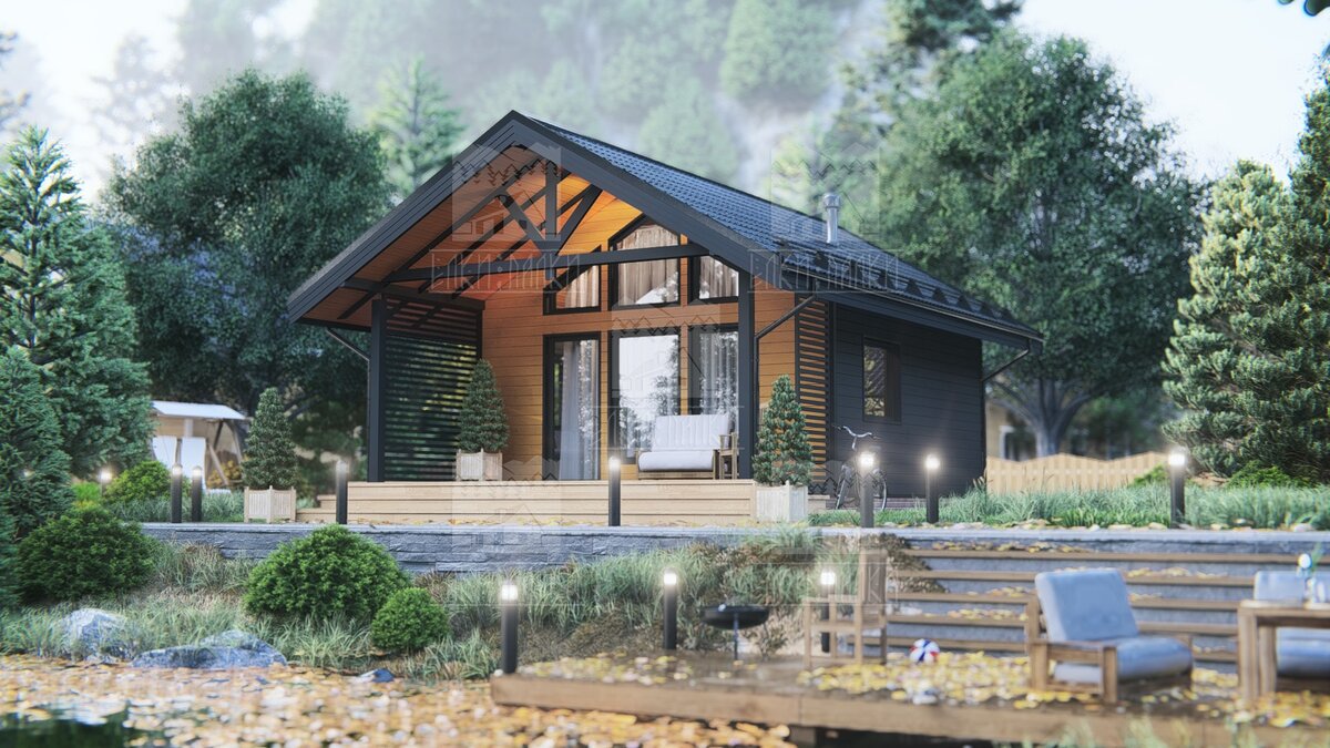 Дом одноэтажный. Общая площадь 51 м2. Состоит из веранды, кухни-гостинной, спальни и санузла. Возможно организовать 4 спальных места. Санузел 4,5 м2, в нем есть небольшое окно. Дом почти готов к заселению. Осталось произвести монтаж системы септика, установить сантехнику, завести в дом воду. И можно будет заселяться! Еще одна семья с помощью наших профессионалов осуществила свою мечту о загородной жизни и отдыхе.