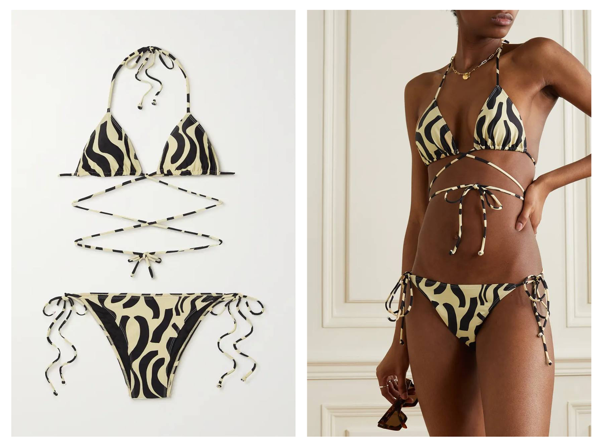 Раздельный купальник с крутым принтом и завязками на талии. Я бы выбрала именно такой вариант. Уже представляю его на загорелом теле на фоне тропиков 🤍