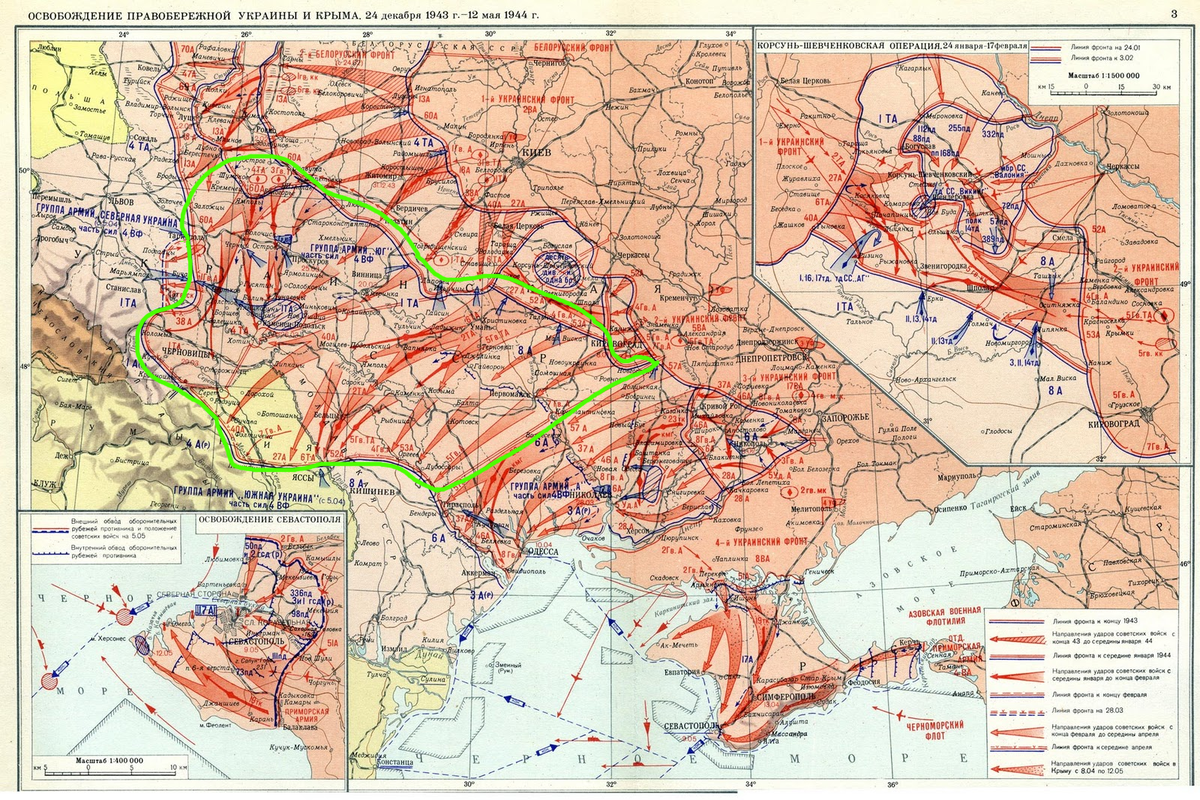 Зона проведения Проскуровско-Черновицкой и Уманско-Ботошанской операции выделена зелёным контуром.
