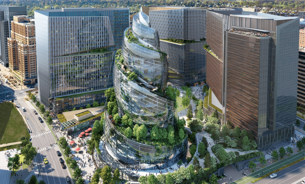    Башня The Helix и три офисных здания Amazon за ее спиной / ©dezeen