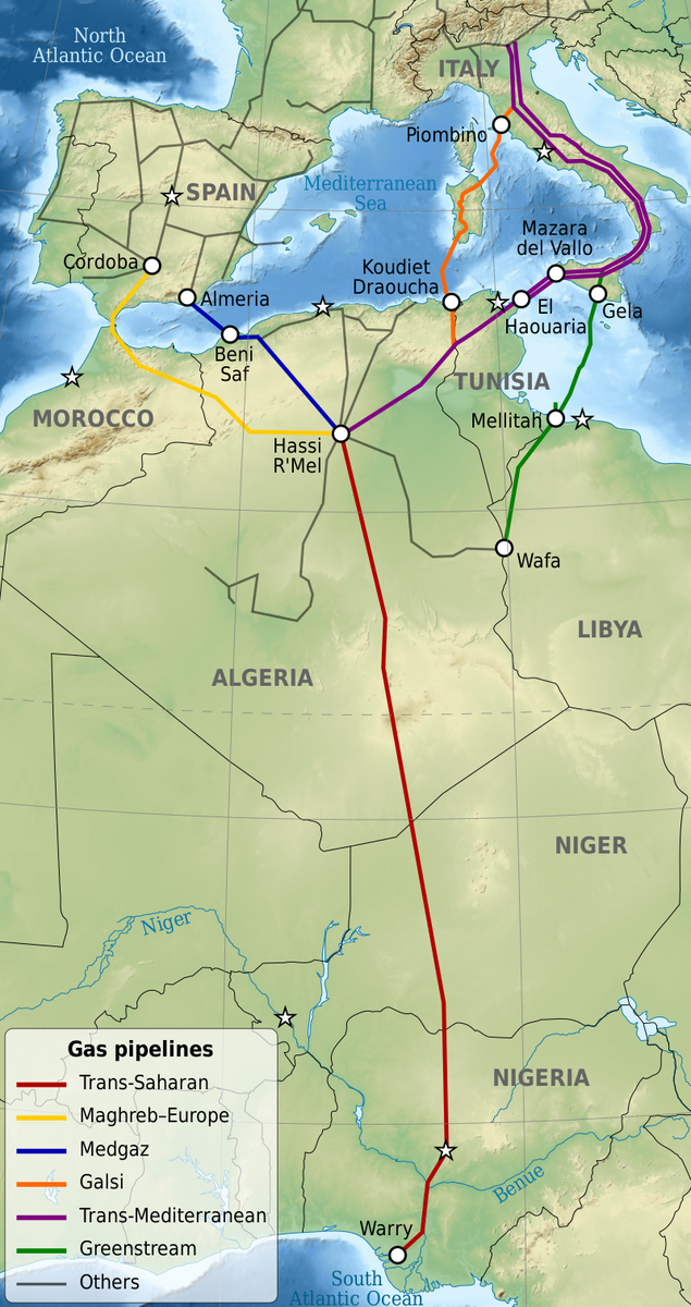 Магистральный газопровод Магриб-Европа (MEG, также известный как Pedro Duran Farell pipeline) связывает гигантское газоконденсатное месторождение Хасси-Рмель в Алжире — через территорию Марокко — с ГТС Испании и Португалии