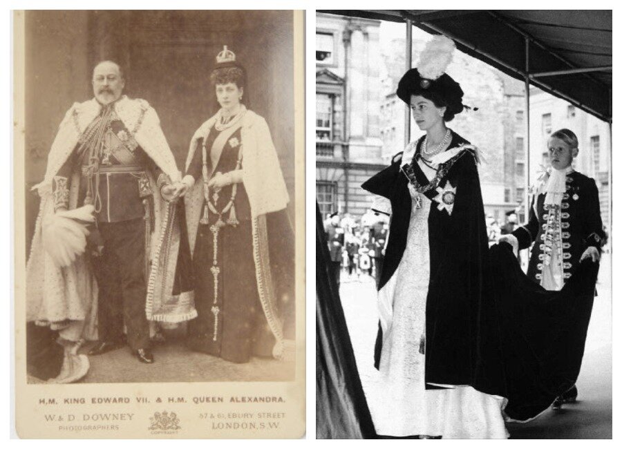 Эдуард VII с супругой в мантиях ордена подвязки. Молодая королева Елизавета в мантии
