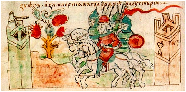 Отъезд Ярополка Святославича из Киева в город Родню (миниатюра из Радзивиловской летописи).