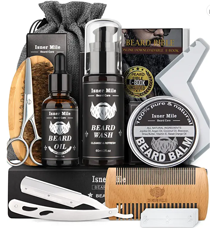 ★【Premium 9 in 1 Beard Set】In the premium beard box, there are beard shampoo, oil, balm, comb, brush, scissors, travel bag and a Beard Bible eBook! This is the most perfect kit you have ever seen, it will be your strongest weapon to make you conquer every objective.r beard.