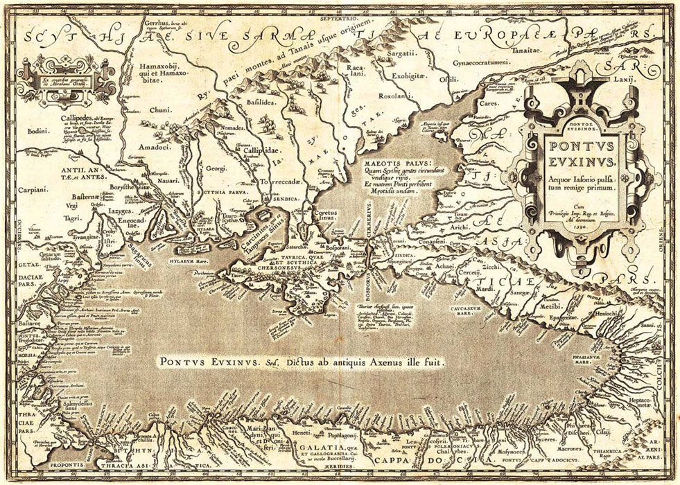 Карта Черного моря, Северного причерноморья и Крыма 1590 года издания за авторством голландского картографа Абрахама Ортелиуса.