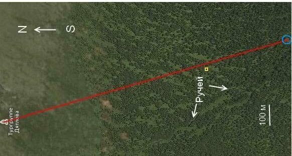 Месторасположение лабаза (обозначено желтым прямоугольником) на космоснимке среднего разрешения. Красная прямая линия проведена через поляну (обозначена синей окружностью), где постоянно базируются экспедиции фонда «Памяти группы Дятлова» и известный останец-мемориал. Указаны истинный север и юг.