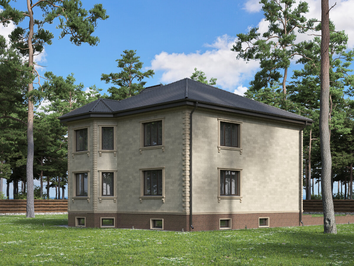 Дом из блоков, построенный по индивидуальному проекту. Полный комплекс услуг выполнен компанией "Мастер". Фасад 2