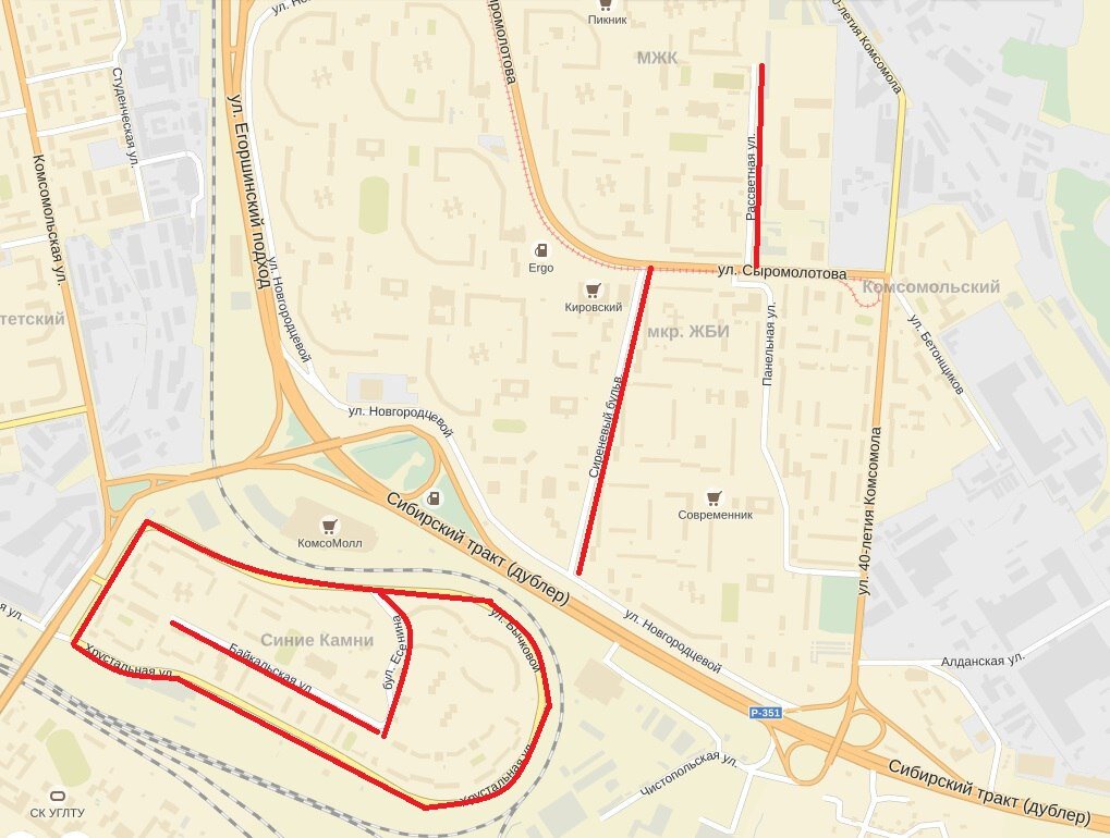 Байкальская - Бульвар Есенина - Хрустальная - Анны Бычковой - Сиреневый бульвар - Рассветная (Екатеринбург) © Яндекс