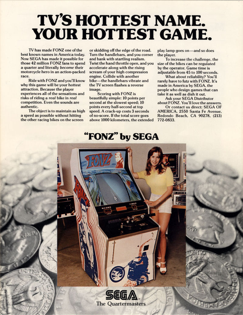 рекламная листовка гоночного аркадного симулятора FONZ от компании SEGA.