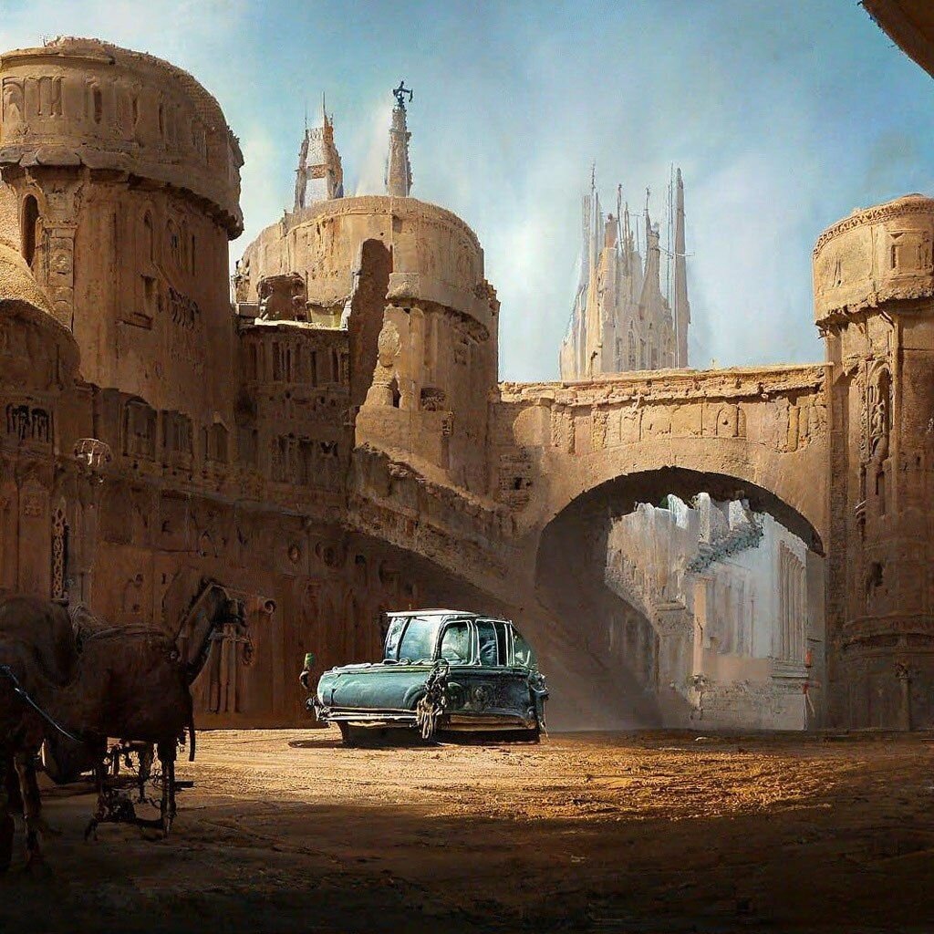 Автомобиль в старом городе. Выдумки нейросетей.
