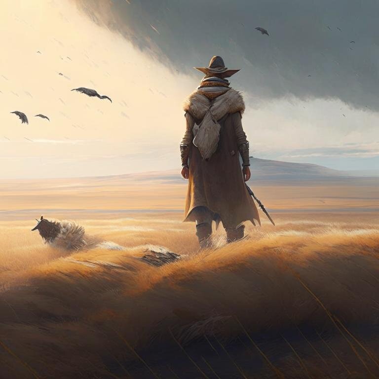     «Одинокий пастух на равнине, стиль artstation»