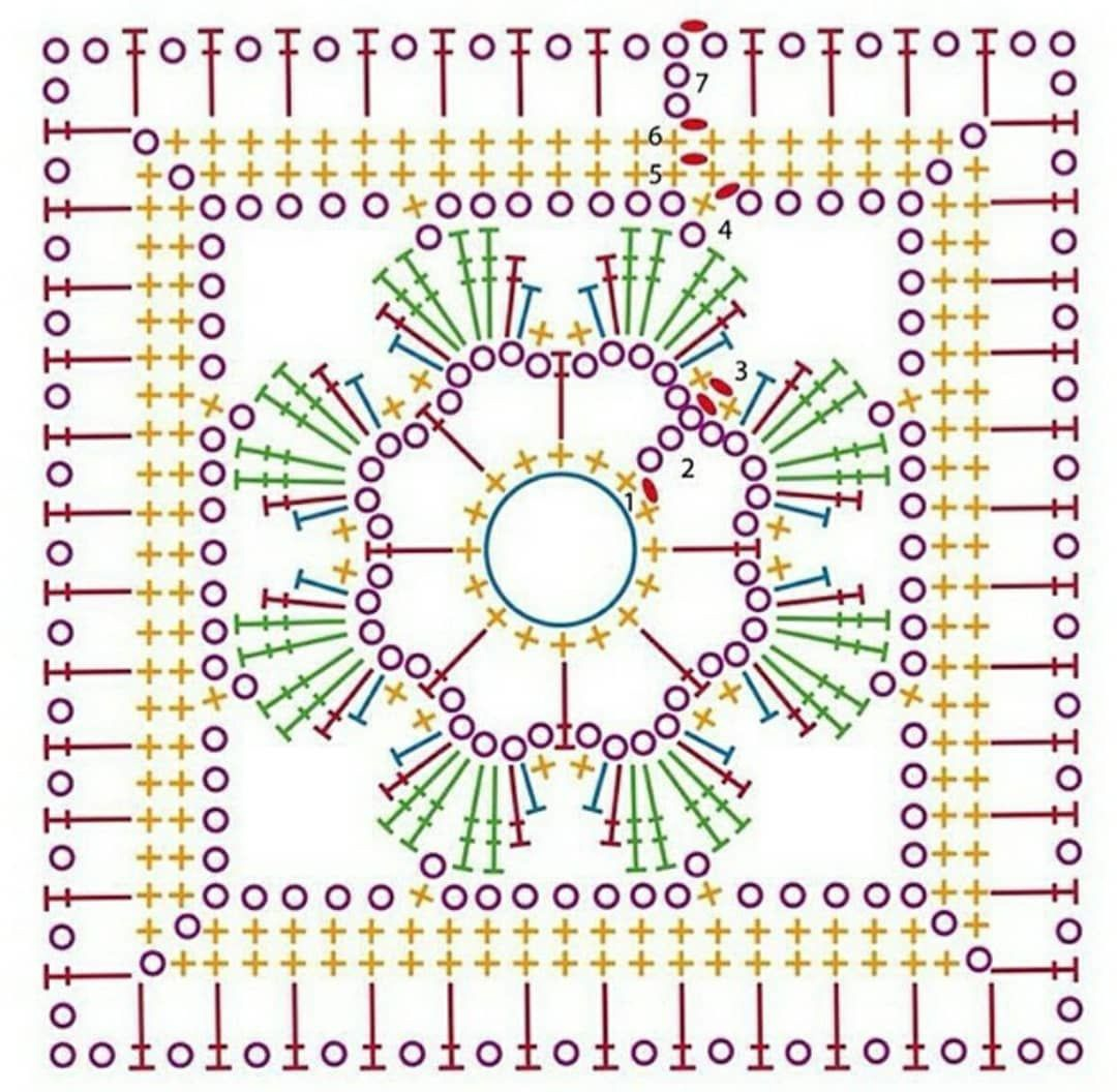 Квадрат крючком описание. Схема бабушкиного квадрата с цветком в центре. Цветок в квадрате крючком схемы. Квадратный мотив Снежинка крючком. Разноцветные мотивы крючком со схемами.