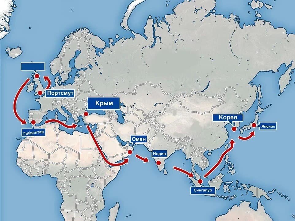 Карта похода эскадры Королевского военно-морского флота Великобритании