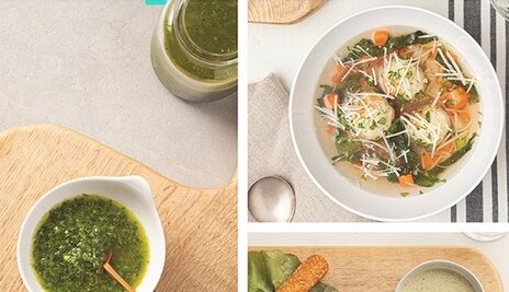 (ПО ЧАСОВОЙ СТРЕЛКЕ СЛЕВА) ЗЕЛЕНОЕ МАСЛО, ФРИКАДЕЛЬКИ И ЭСКАРОЛЬСКИЙ СУП, ТЕМПЕ С КИНЗОЙ.