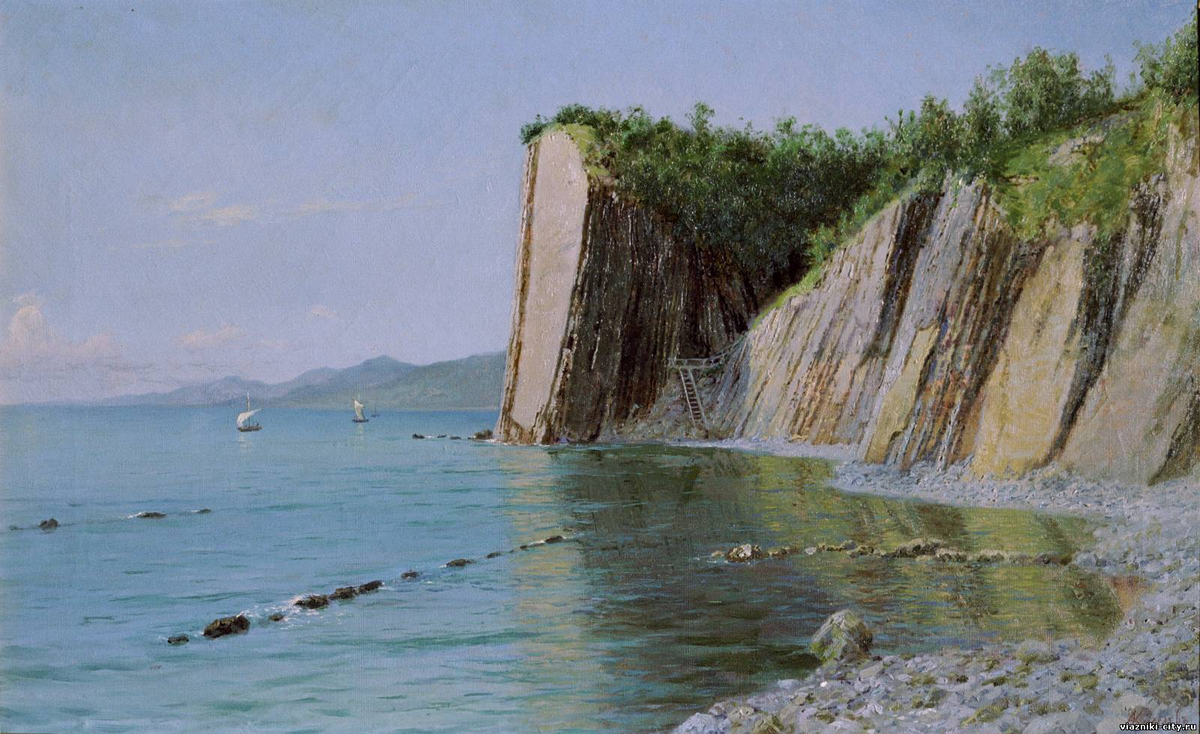 Кадошские скалы 1900 холст масло, Вязниковский историко-художественный музей. На картинах Киселева проход на пляж тоже изображен, как спуск по деревянной лестнице-за более, чем сто лет ничего не изменилось, только в 2021 году лестница пропала-новую еще не сделали