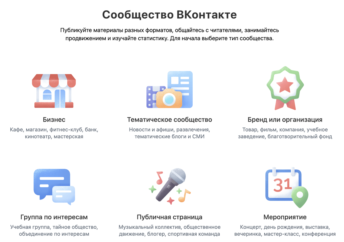 На выбор предлагается 6 видов сообществ. Но если вы ведете Инстаграм с целью продажи своих товаров и услуг - выбирайте "Бизнес". Потому что группа по интересам - это так сказать общее пространство, где каждый участник может выкладывать посты. Вам же это не надо?