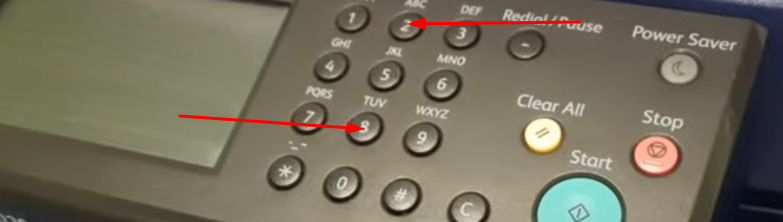 На выключенном принтере нажать и удерживать кнопки "2" и "8" (одновременно). Аппарат включится