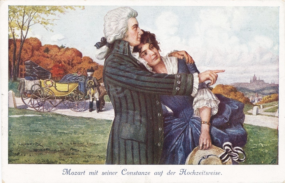 Моцарт и Констанция во время своего медового месяца. Открытка XIX века. / Фото: www.tunnel.ru Источник: https://kulturologia.ru/blogs/280219/36430/