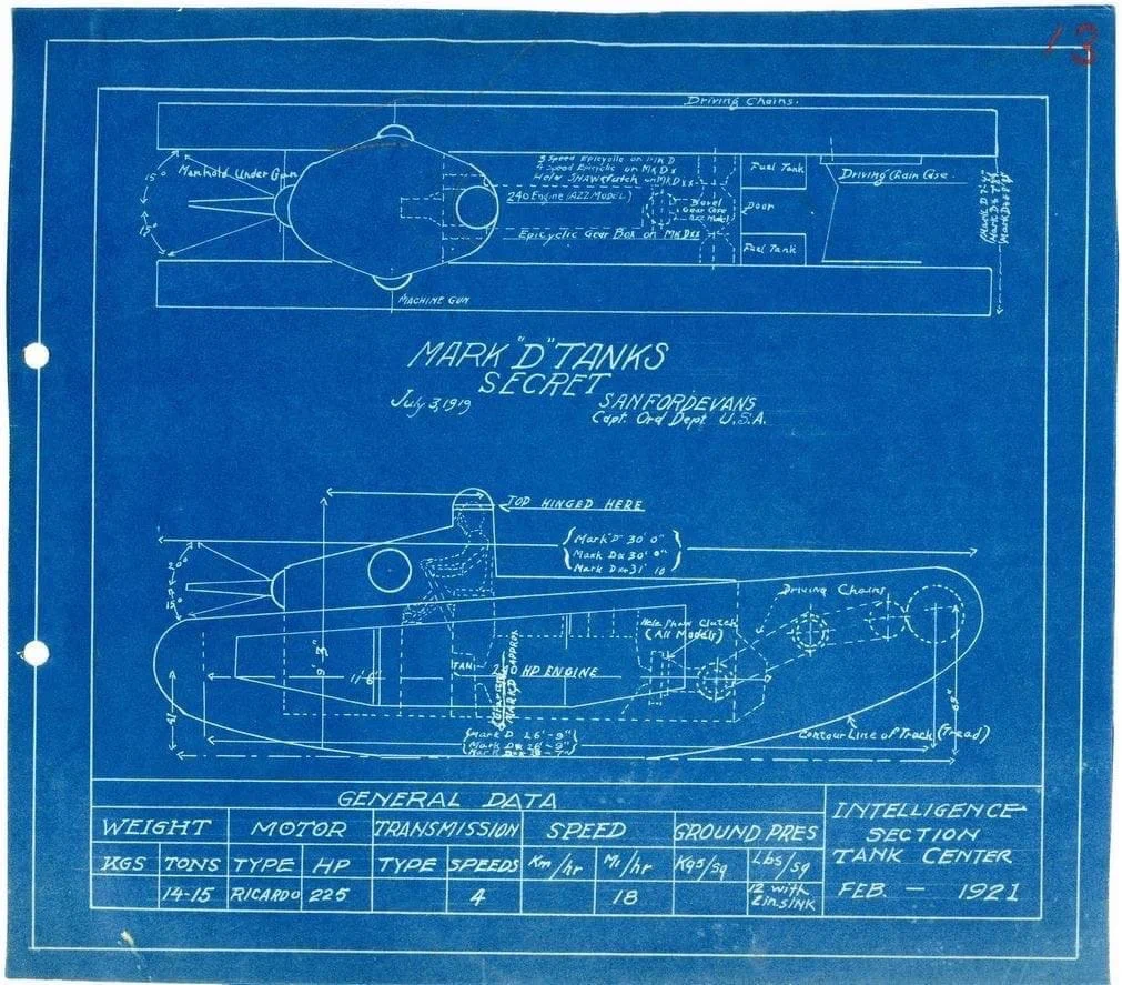 источник Илья Старцев, Американские чертежи на британский танк Medium Mark D (с размерами под D* и D**) от 1921 года. Стоит обратить внимание на расположение в носовой части танка - пушки, возможно такой проект так же рассматривался британцами. 