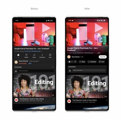    Так выглядит новый интерфейс YouTube по сравнению со старым. Фото: Google