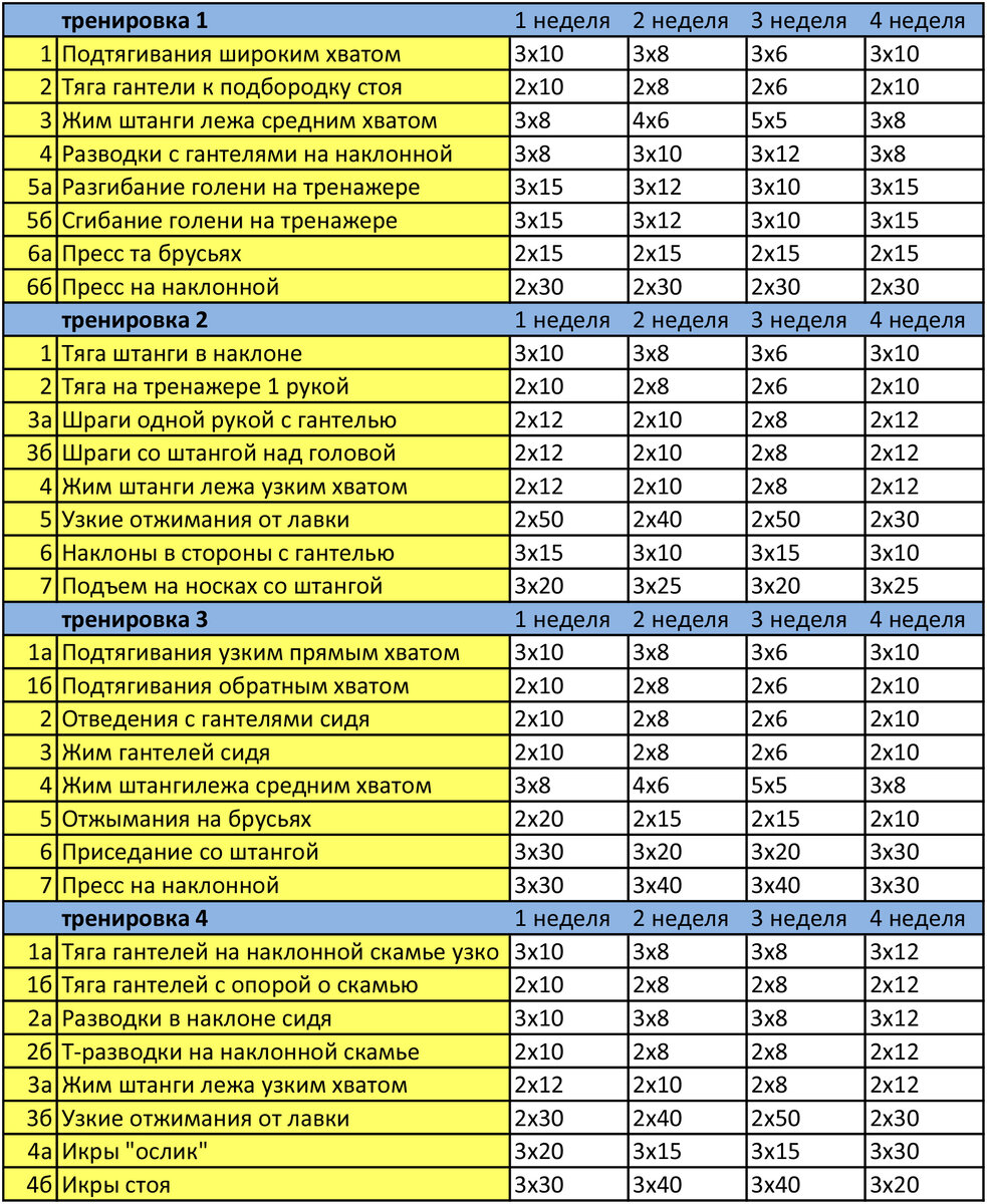 Один из многочисленных примеров плана тренировок