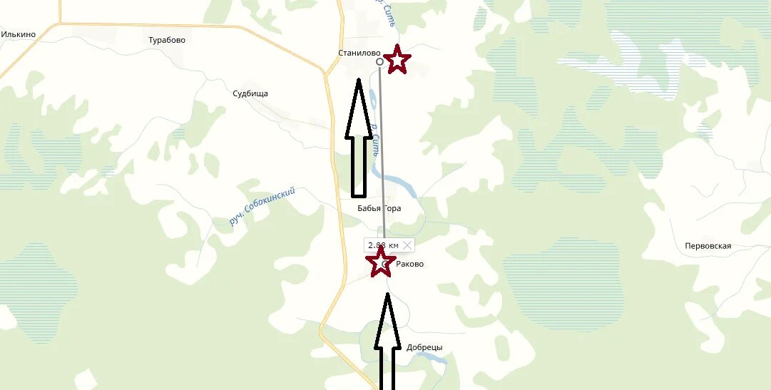 Нижняя звезда: место битвы ярославского полка. Вверху следующая фаза Ситской битвы.