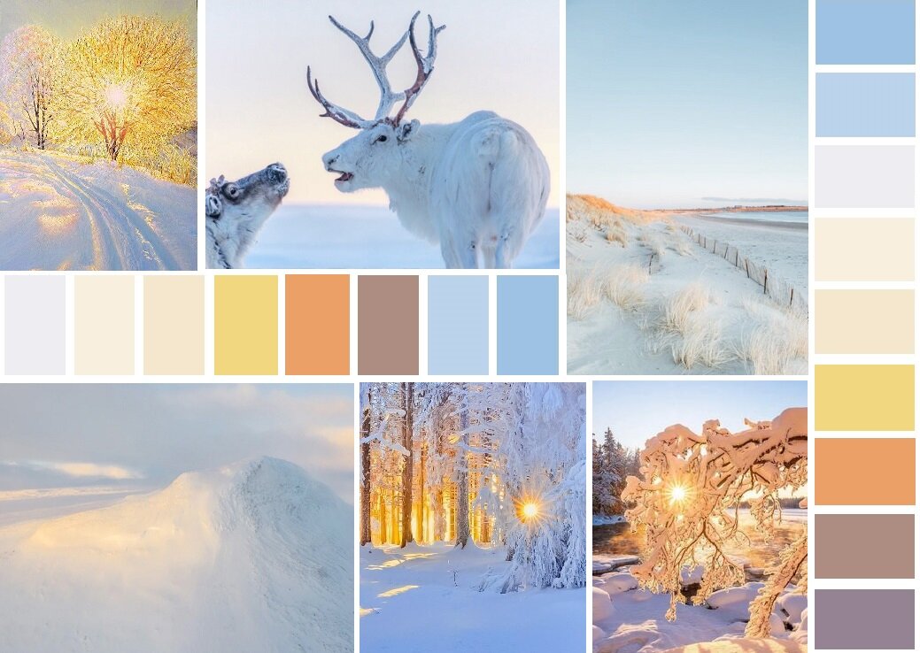Зима желтыми, оранжевыми, бежевыми и голубыми оттенками.