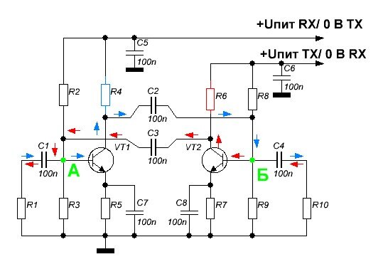 Рис. 1. Реверсивный каскад на двух транзисторах.