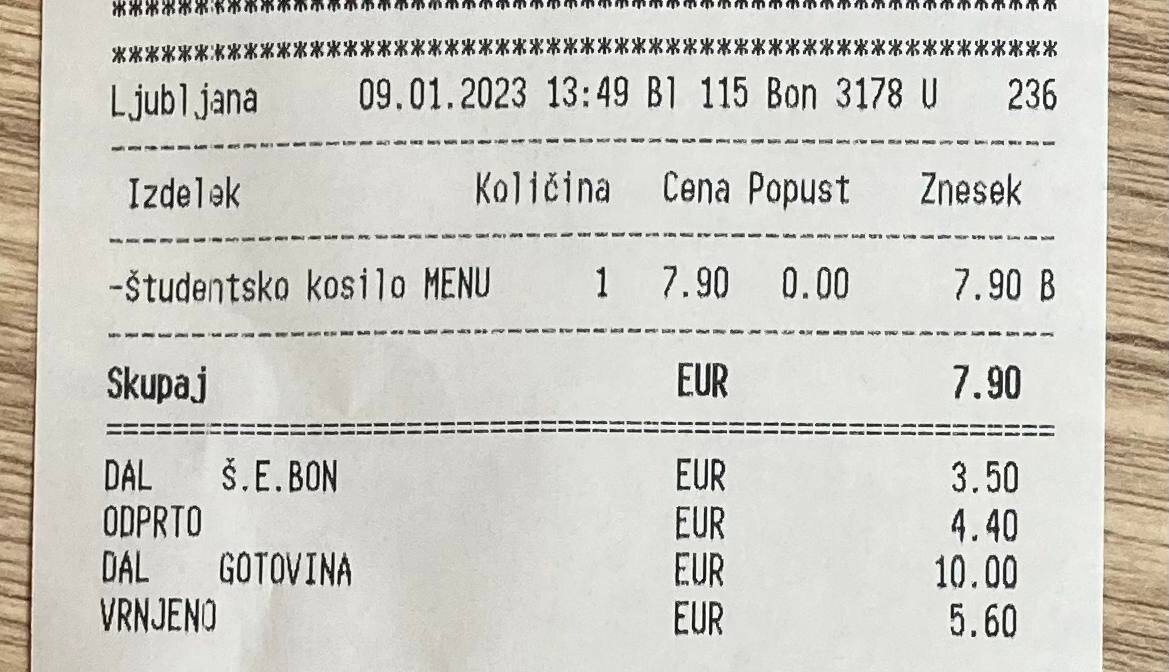 Чек из Спара на студенческое меню по бонам