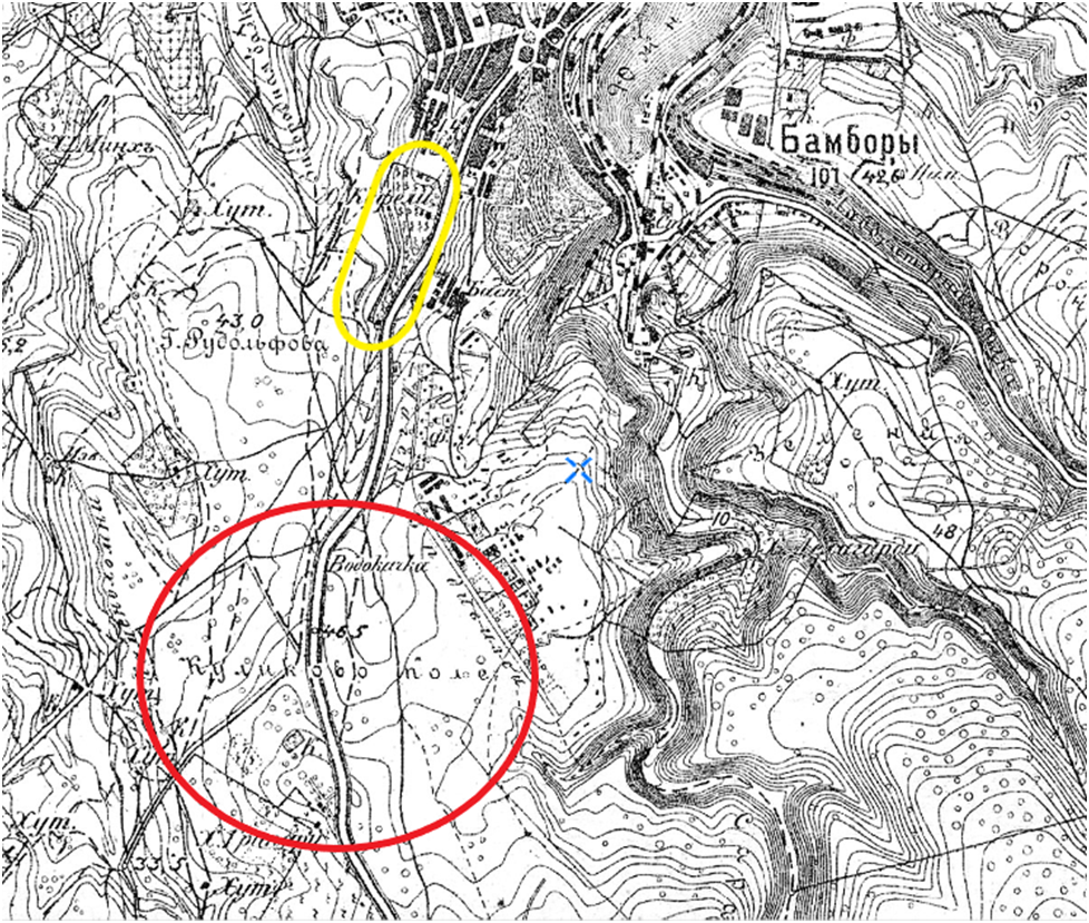 Куликово поле, куда обрушился тайфун, выделен красным цветом, хутор Кефели – Желтым. Куликово поле – район современных улиц Хрусталева и Острякова в нижней их части (ближе к городу). Верстовка Крыма от Военно-топографического Депо, 1896