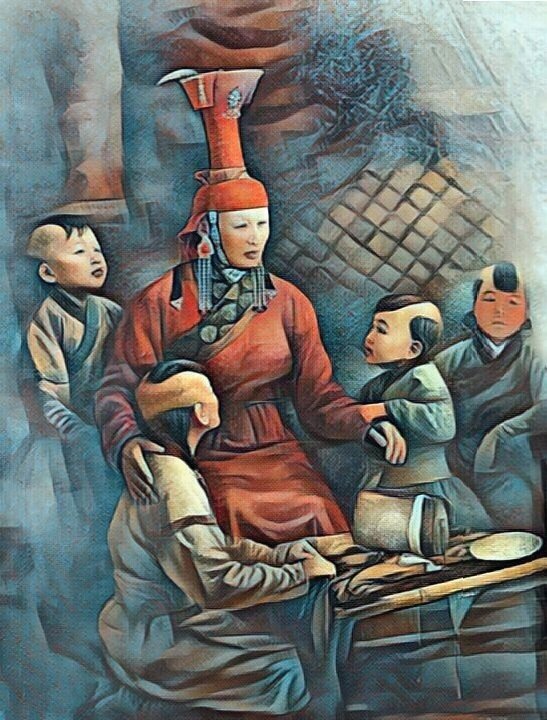 Хоэлун со своими ребетятами. Они еще неплохо одеты, судя по всему, Есугей еще не умер.
