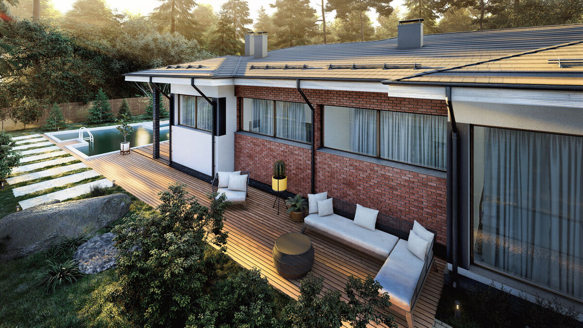 Проект одноэтажного дома из кирпича с террасой и бассейном