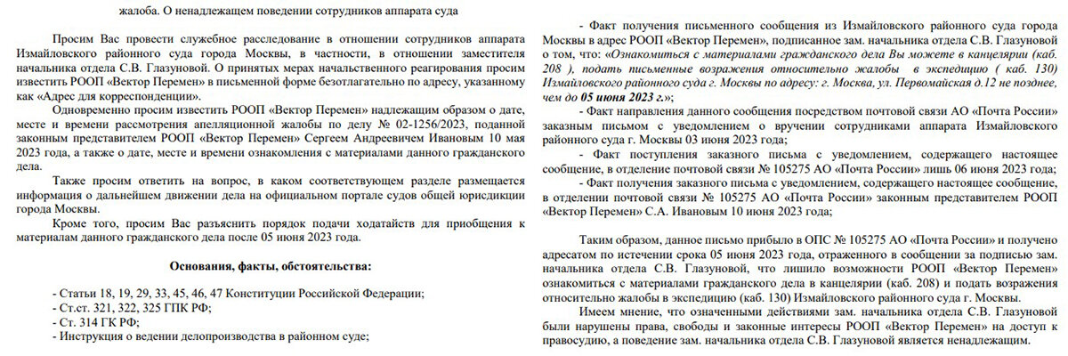 Основной текст поданной жалобы