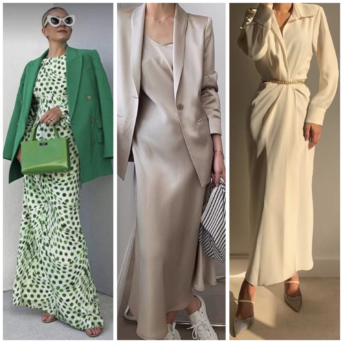 Лёгкое струящееся платье по силуэту отлично дополняет пиджак в цвет, а обувь, как видите, можно подобрать как на каблуке, так и на плоском ход, будут выглядеть отлично оба варианта! / pinterest.com