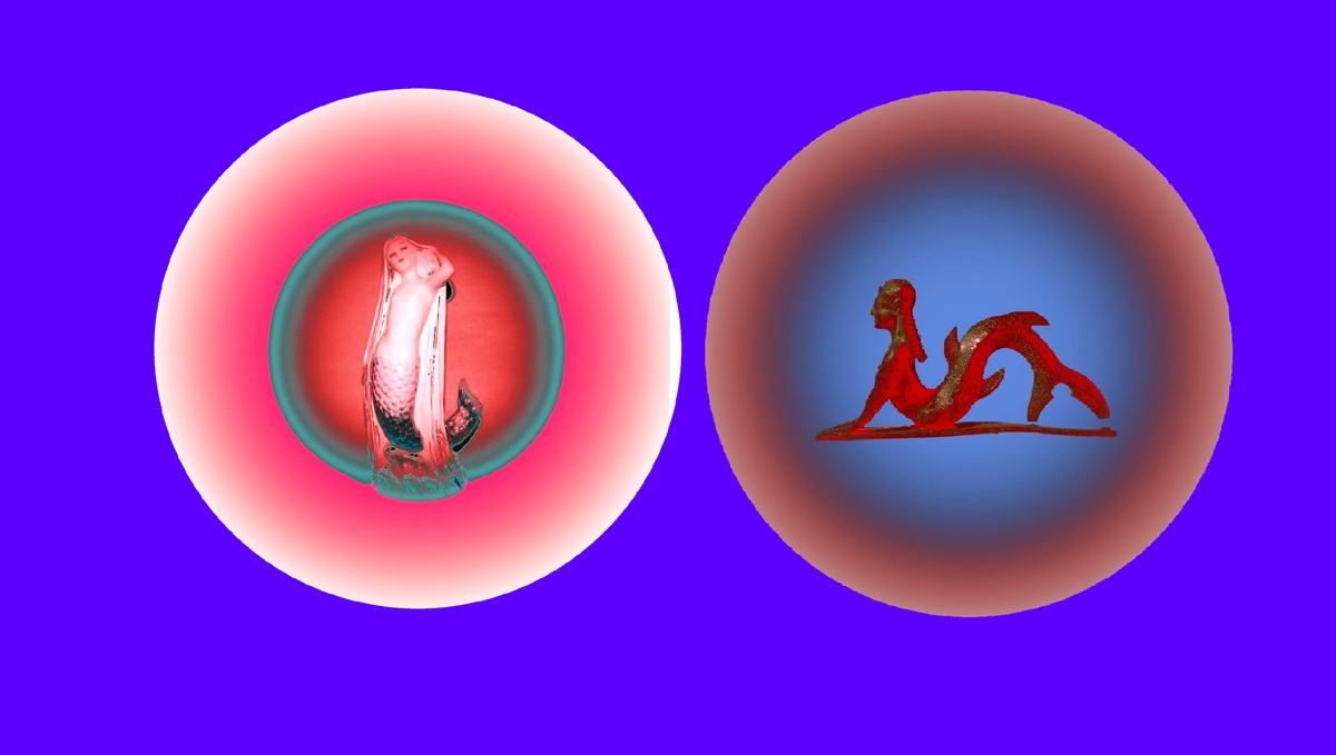 Авторская фотоинсталляция современная фарфоровая статуэтка русалки Ликино-Дулево и этруская русалка - бронзовая статуэтка  5 век до н. эры и стихи