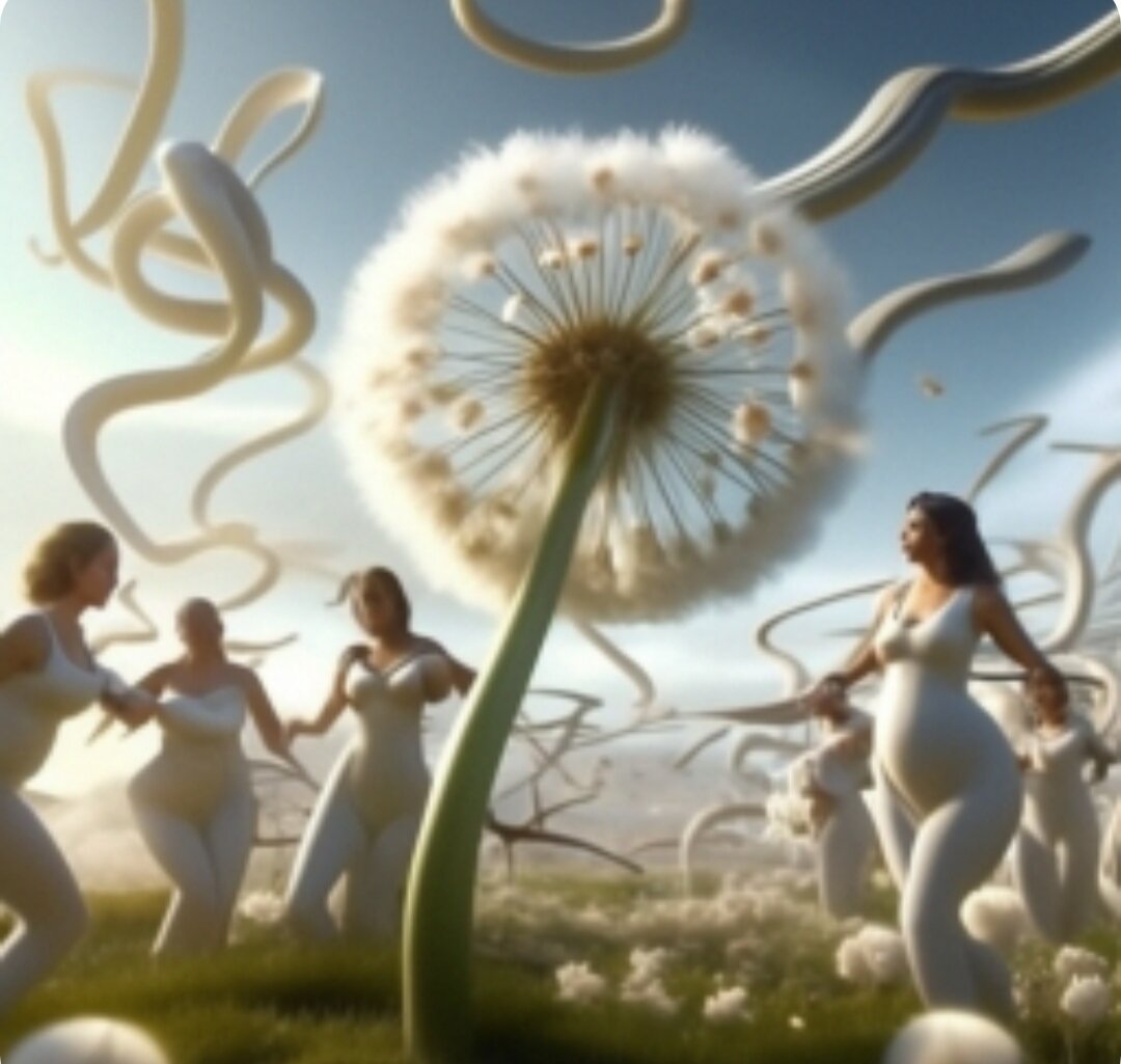 Метафорическая сцена - одуванчик хаотично разбрасывает свои семена на женщин. Визуализация с ИИ. 
