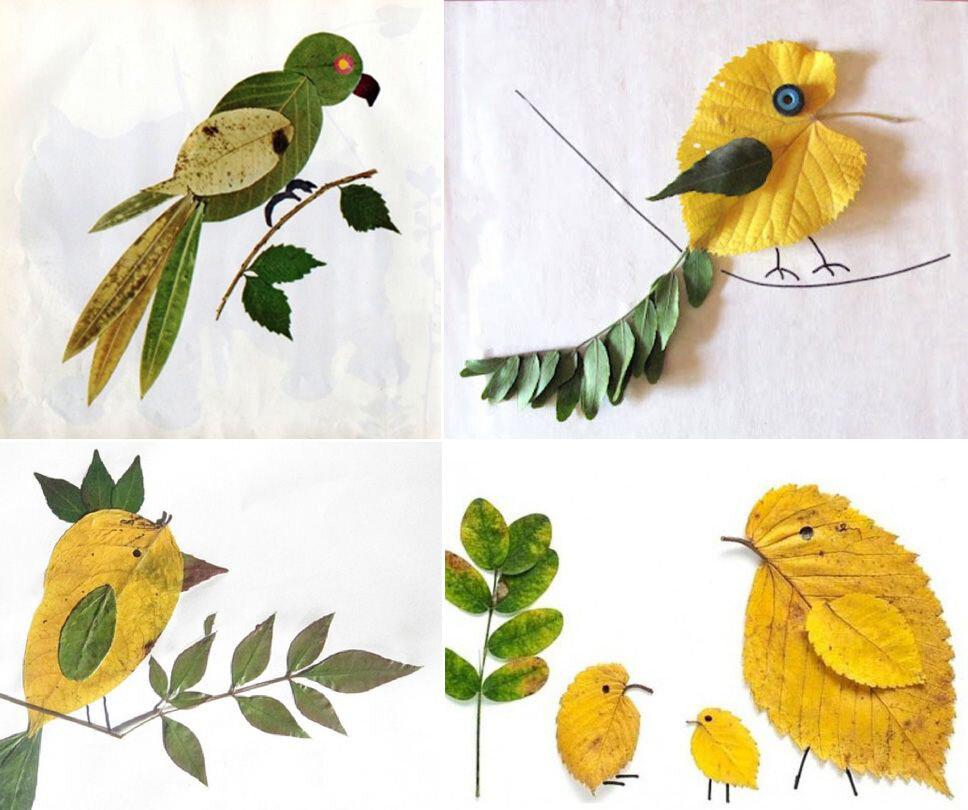 птица из листьев поделка. птичка из природного материала. птица из листьев. аппликация из листьев.