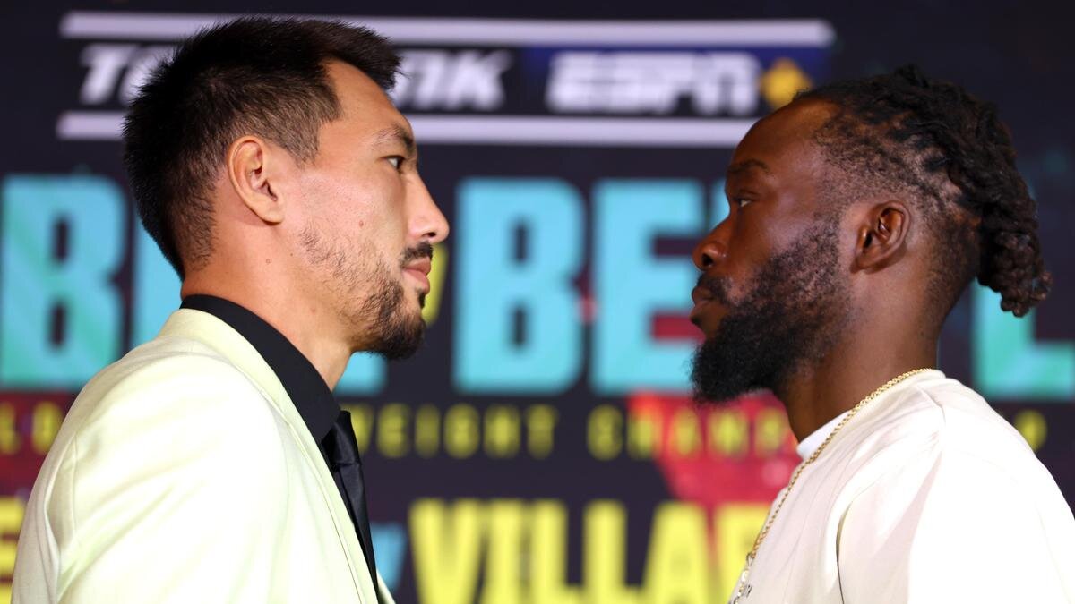    Жанибек Алимханулы и Дензел Бентли:Mikey Williams/Top Rank Inc via Getty Images