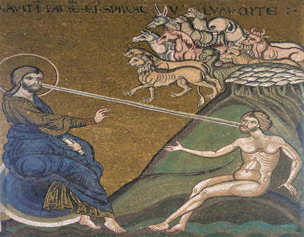 Сотворение Адама. Византийская мозаика ХII века. Собор Рождества Пресвятой Богородицы, Монреале, Сицилия, Италия. 