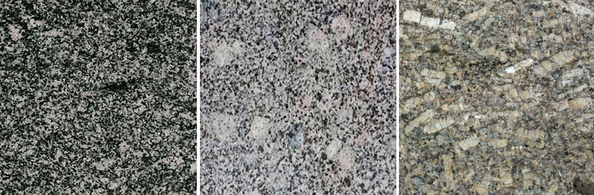 Различие гранитов по текстуре на примере серых гранитов: однородно массивные (Каменногорский гранит), гнейсовидный (Возрождение), миароловые (серый гранитоид из Корнуэлла, UK)